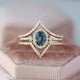 Natural Ocean Teal Sapphire & Diamond Crown Engagement Ring, Diamond Matching Stackable Bands, Vintage Teal Sapphire Ring Set, Gift For Her