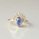 2 Row Natural Diamonds Crown in Solid 14k Yellow Gold, Pear Ceylon Blue Sapphire Bridal Ring in Solid Gold Wedding Band